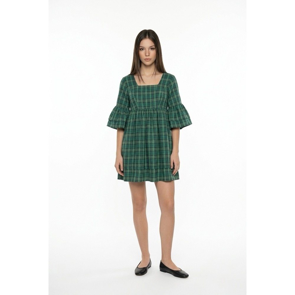 Ivy City Co Green Plaid Mini Dress Ruffle Bell Sleeve Bow Back Square Neck 2
